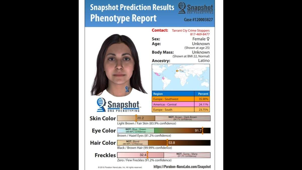 A composite of what Irasema Chavez’s killer may have looked like at age 25, created using predictions of the killer’s physical appearance based on the DNA left behind at the crime scene.
